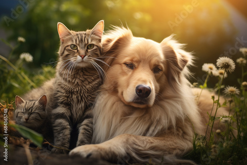 Cat and dogs together outdoors. Fluffy friends
