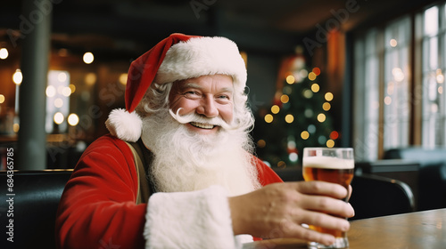 Santa Claus in the bar. Cheerful happy and smiled bearded man in Santa suit in pub. Glass of beer in hands. Merry Christmas and Happy New Year. Alcohol, drinking beer. Winter holidays. Generated AI