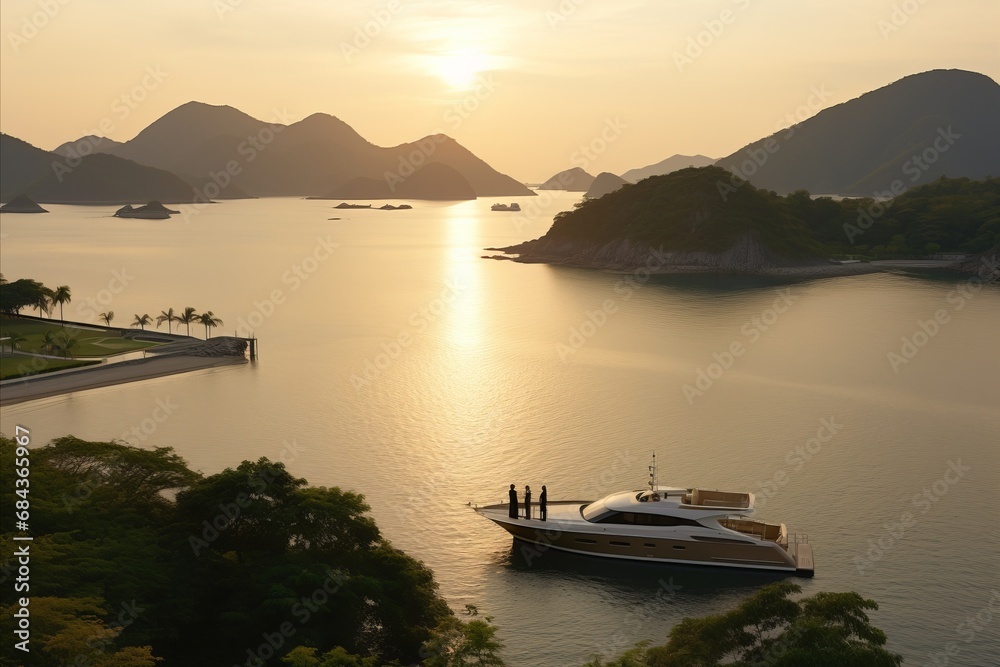 Fun-Filled Luxury Yacht Trip. Young Friends Enjoying Serene Seas and Sunset Voyage