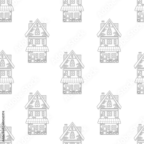 Seamless pattern with beautiful stone house doodle on white background. Vector illustration. Hand outline drawing.
