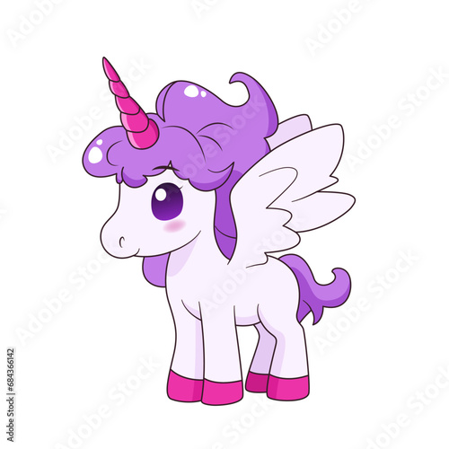 isolated cartoon unicorn with wings and horn.