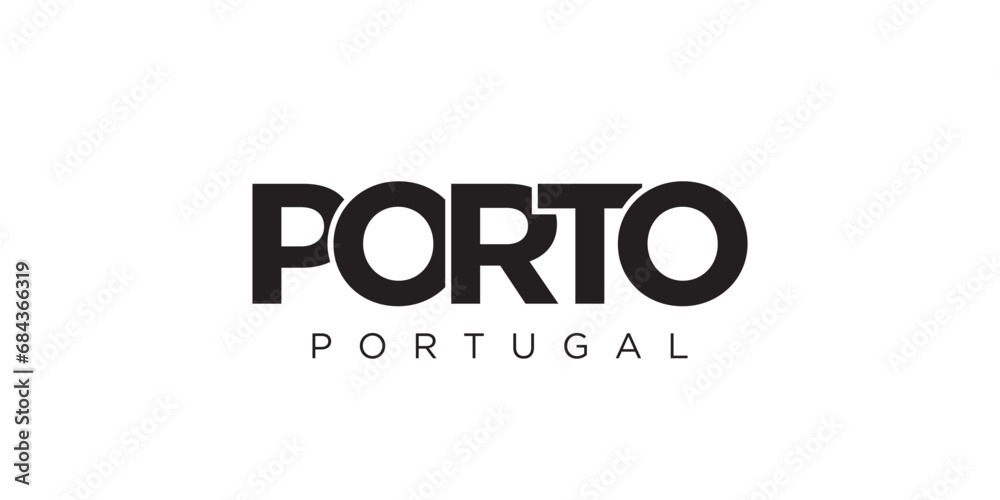 Porto in the Portugal emblem. The design features a geometric style, vector illustration with bold typography in a modern font. The graphic slogan lettering.
