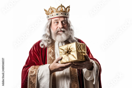 rey mago de oriente Melchor sosteniendo un paquete regalo entre las manos dorado, sobre fondo blanco photo