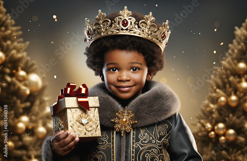 niño vestido de rey mago de oriente Baltasar sosteniendo un paquete dorado en la mano, sobre fondo de árboles de navidad decorados photo