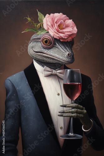 A lizard wearing a tuxedo and holding up wine, AI photo