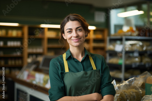 Supermarket employee poses smiling with arms crossed