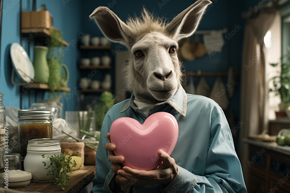a donkey is in his kitchen, he is holding a big pink heart. Valentine concept. Generative AI