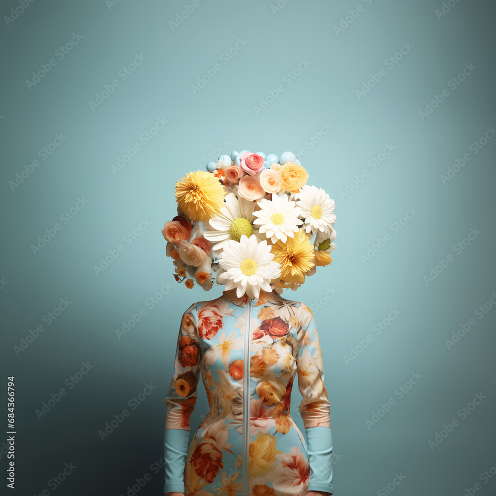 Fototapeta premium a woman wearing a dress with floral print, with a bunch of flowers instead of head. Surreal spring or Valentine concept. Generative AI