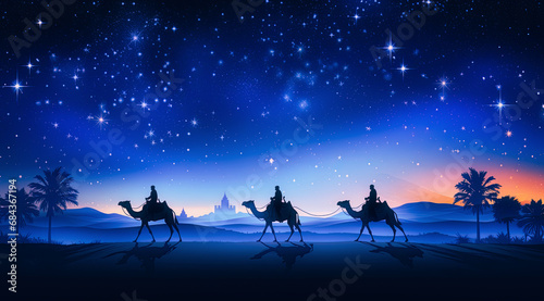 fondo dibujado con siluetas de los reyes magos de oriente sobre sus camellos cabalgando por el desierto en una noche con el cielo estrellado photo