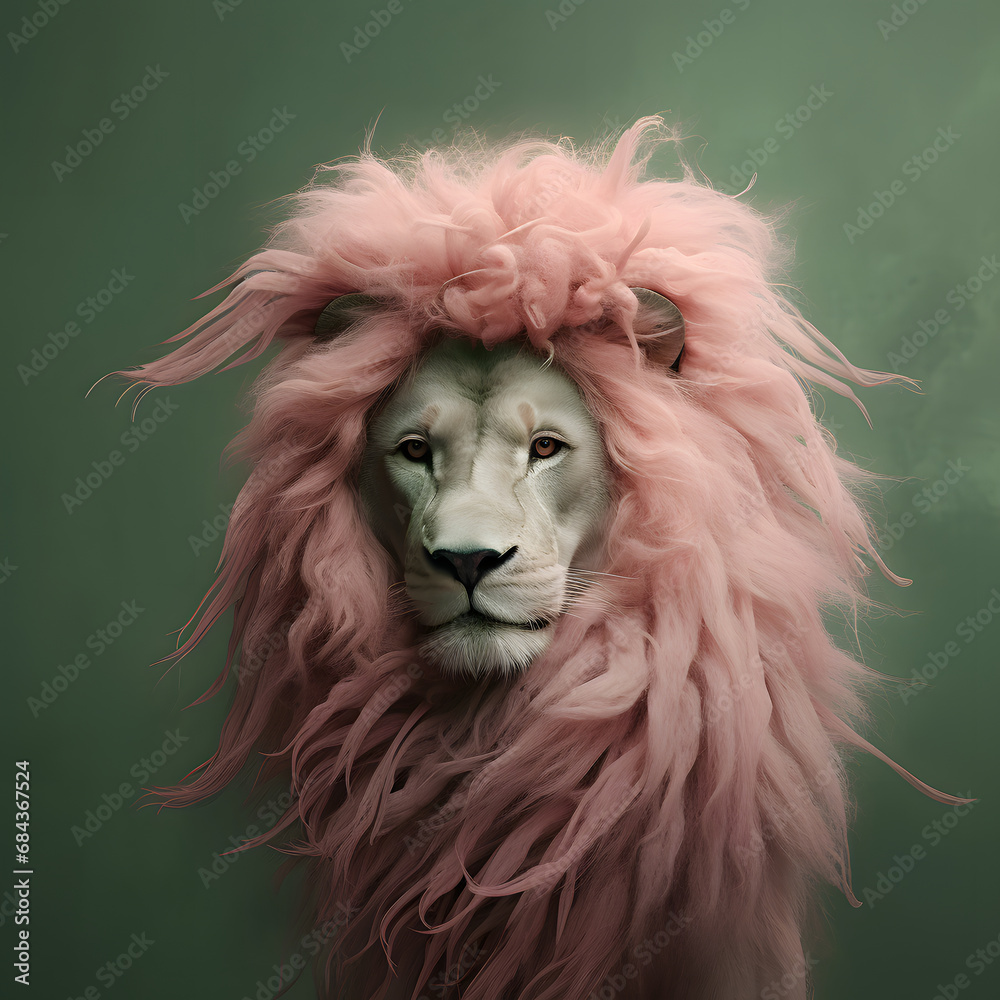 Lion with big mane on dark green background. Abstract portrait of a wild animal.	
