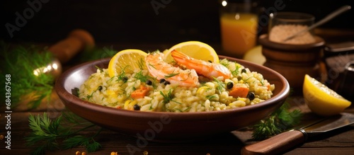 At the luxurious wooden table, a bowl of healthy and aromatic seafood risotto stands out, adorned with succulent salmon and an irresistible mix of yellow spices and tangy lemon, making it a perfect
