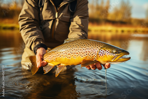 Fly-fisherman holding brown trout out of the water. Fisherman and trout. a man fishing and holding a trout