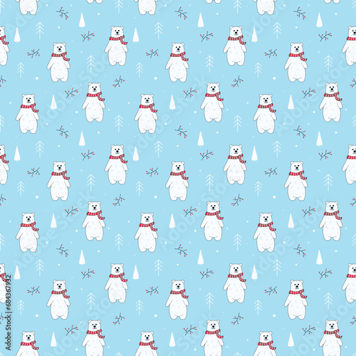 Seamless cute pattern with polar bear, white trees and berries on blue background, winter pattern. For packaging, prints for textiles, packaging, background. Vector.