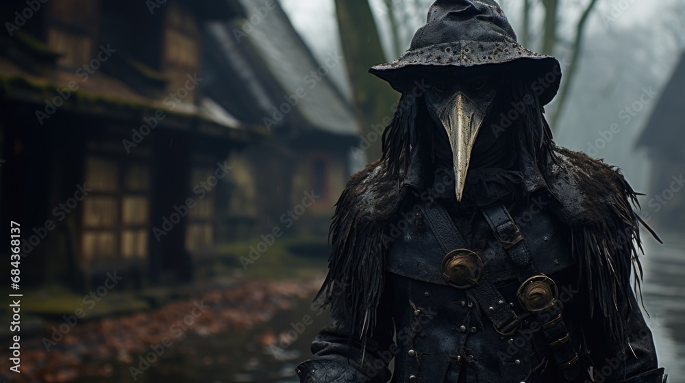 Obraz premium Plague doctor, pestilence, contagion epidemic, middle age, bubonic fever, black death, protective suit, dangerous disease