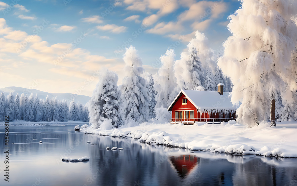 Snowy path to a rustic house in a winter forest, privacy and country vacation concept Snowy path to a rustic house in a winter forest, privacy and country vacation concept