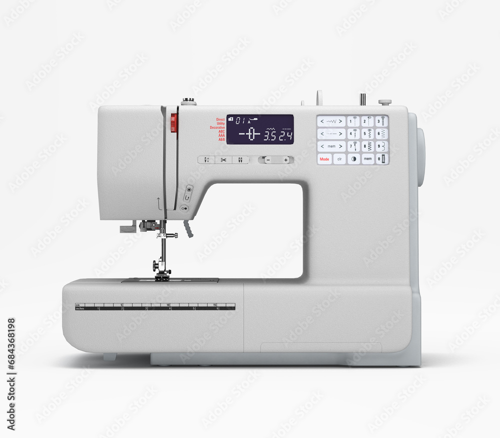  Concept atelier, fashion studio, fashion designer, tailor white sewing machine front view 3d render on white