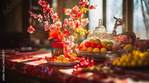 exquisite decor and traditional dishes celebrating the chinese new year photo