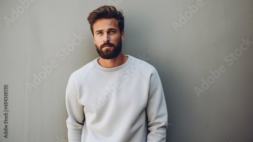 Man poses near a light wall in a gray sweatshirt. Gestures. Emotion. Casual wear. Studio model at work. Space for text and logo. Generated AI