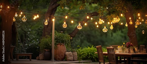 Festive garden party lit by decorative light bulbs.