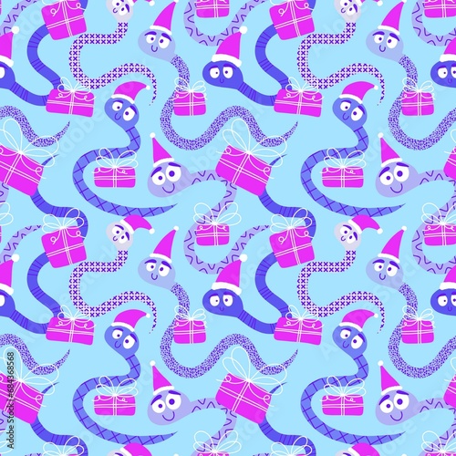 Christmas cartoon animals seamless snake and Santa hat pattern for new year wrapping paper and fabrics