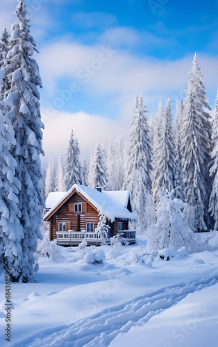 Snowy path to a rustic house in a winter forest, privacy and country vacation concept © perfectlab