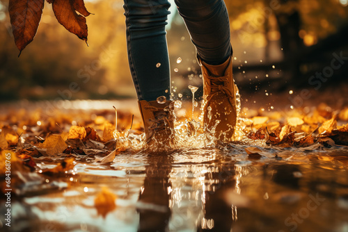 In the autumn rain, the feet of a young woman walking in a puddle with beautiful autumn leaves fell into the water. Autumn mood. macro photo