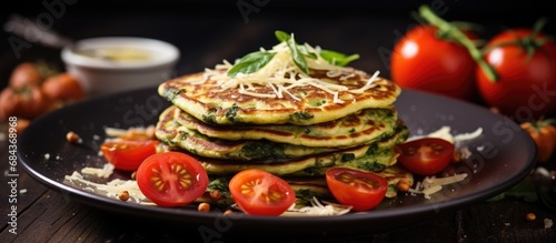 Cheesy pancakes made with spinach, tomato, and seeds.