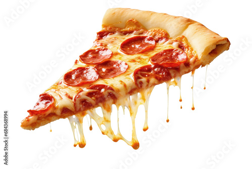 A hot pizza slice with dripping melted cheese