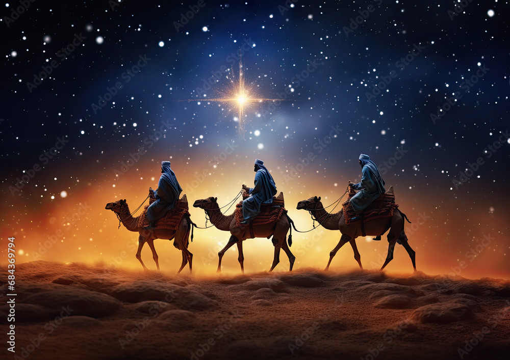 3 reyes magos de oriente sobre sus camellos cabalgando por el desierto de una noche siguiendo la estrella de Belen. Tradicion española para los niños - obrazy, fototapety, plakaty 