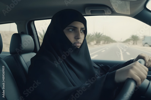 Beautiful muslim woman driving car. Neural network AI generated art