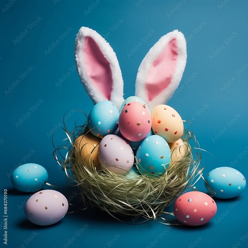 Colourful Easter Eggs in a Straw Basket with Bunny Ears on a Blue Background