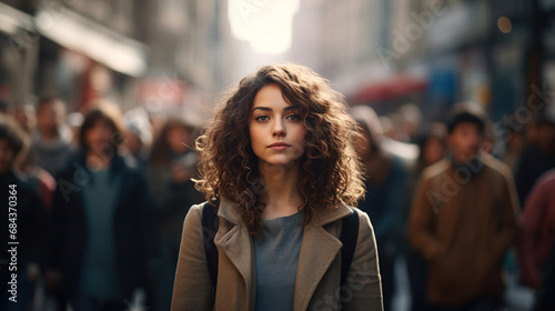 The young woman stands in the middle of crowded street. Alone woman standing still on a busy street with people walking past