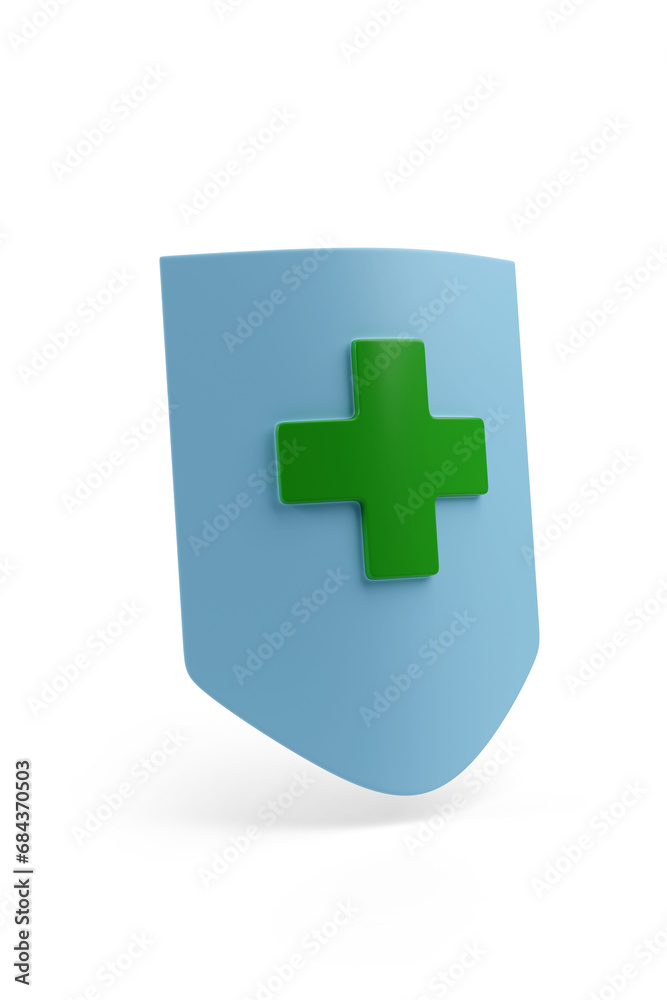 Shield with a green cross isolated on white background. Medical guard shield icon. 3d illustration. Shield with a green cross isolated on white background. Medical guard shield icon. 3d illustration.