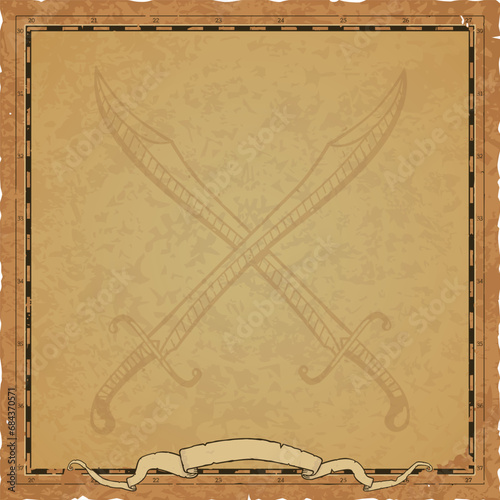 Parchment with Map Frame, Crossed Scimitars Banner
