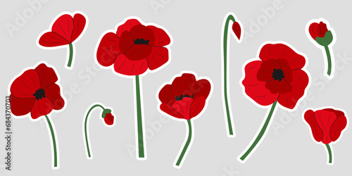 Set of stickers with poppies. Vector red poppies in various angles. Clip art. Red flower on gray isolated background. Cute botanical illustration.
