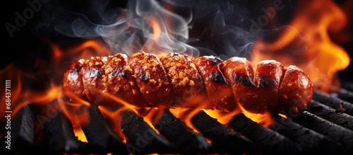 Close-up shot of a sausage being smoked and flaming.