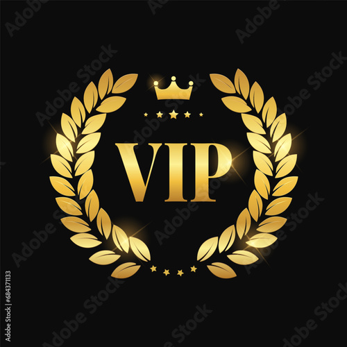 Gold Vip Icon. Golden VIP sign with wreath. Premium and Luxury badge. Vector illustration