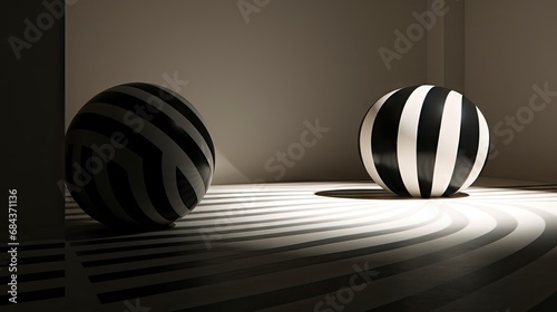 Abstract composition with wooden circles and geometric shapes in a room with light and shadow play.
