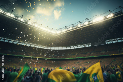The Brazilian flag adorning a soccer stadium during a thrilling match. Concept of sports and national identity. Generative Ai.