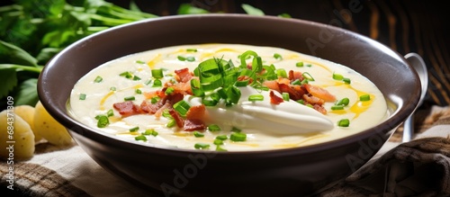 Creamy potato soup with sour cream, cheese, bacon, and chives. photo