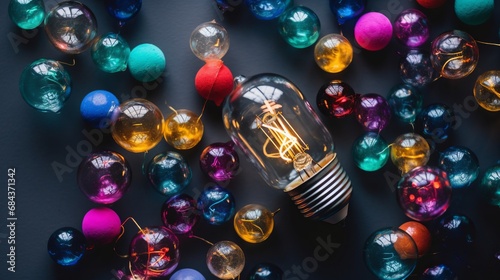 Clarifying complex ideas theme with light bulb - Flat lay. Idea concept. Clarifying complex ideas theme with light bulbs. Concept of complex problem solving process and Clarifying idea. Step by step.