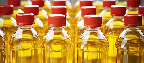 Cooking oil in plastic bottles with red caps.
