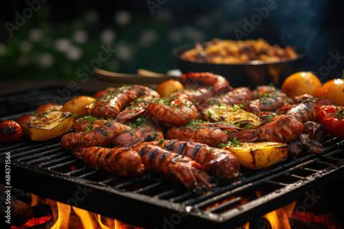 A barbecue sizzling with sausages and prawns on Australia Day. Concept of outdoor celebrations and culinary traditions. Generative Ai.