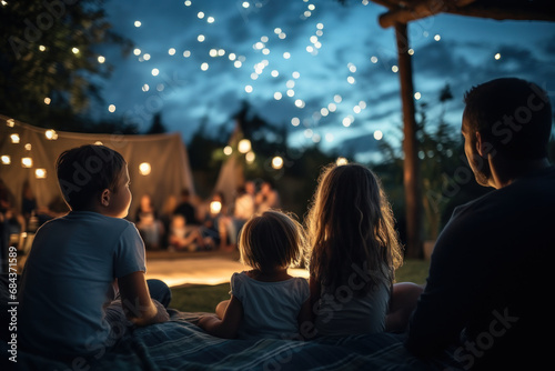 A family movie night under the stars, watching an Australian film on a big screen. Concept of outdoor cinema and cultural entertainment. Generative Ai. photo