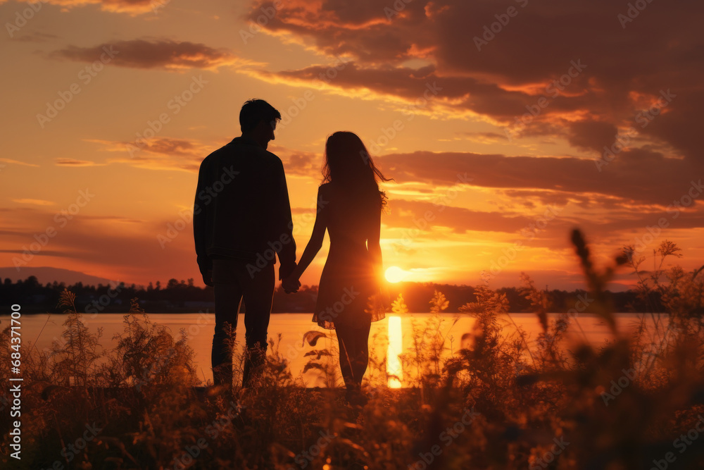 The silhouette of a couple holding hands, watching the sun dip below the horizon. Concept of romance and connection. Generative Ai.