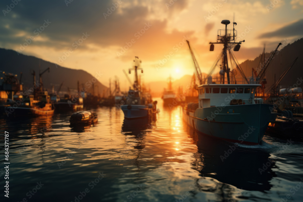 The sun setting over a bustling harbor, with boats returning after a day at sea. Concept of maritime life and industry. Generative Ai.