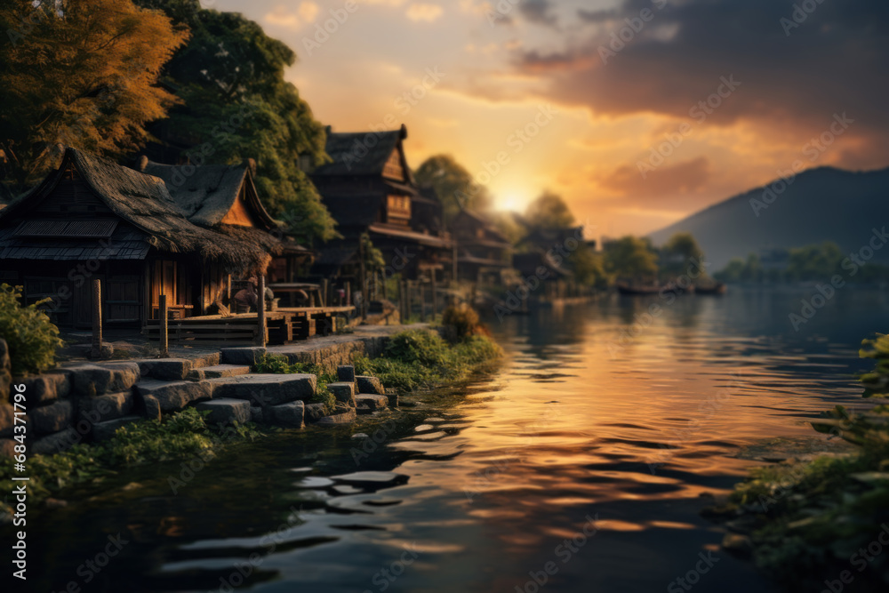 A serene riverside village at sunset, reflecting in the calm waters. Concept of river life and tranquility. Generative Ai.