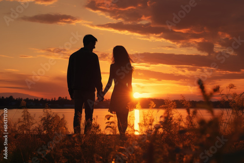 The silhouette of a couple holding hands, watching the sun dip below the horizon. Concept of romance and connection. Generative Ai. © Sebastian
