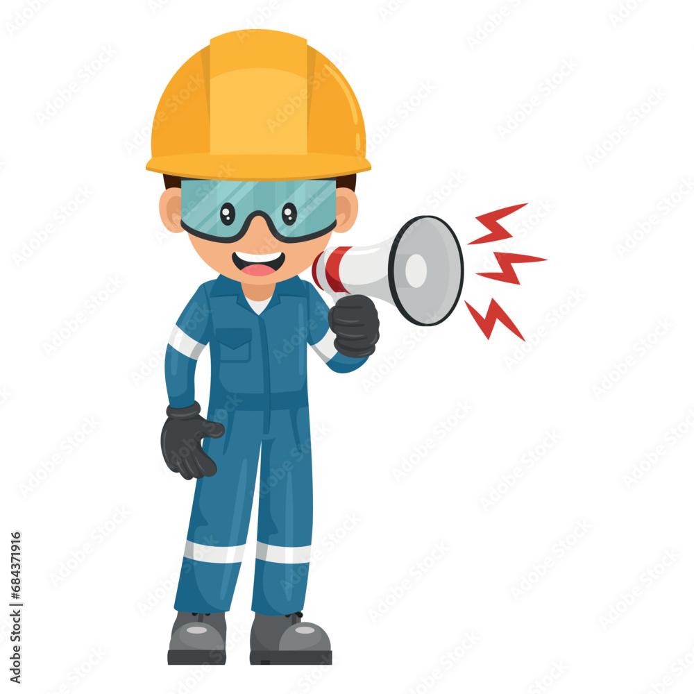 Industrial mechanic worker making an announcement with a megaphone. Supervisor engineer with his coverall and personal protective equipment. Industrial safety and occupational health at work
