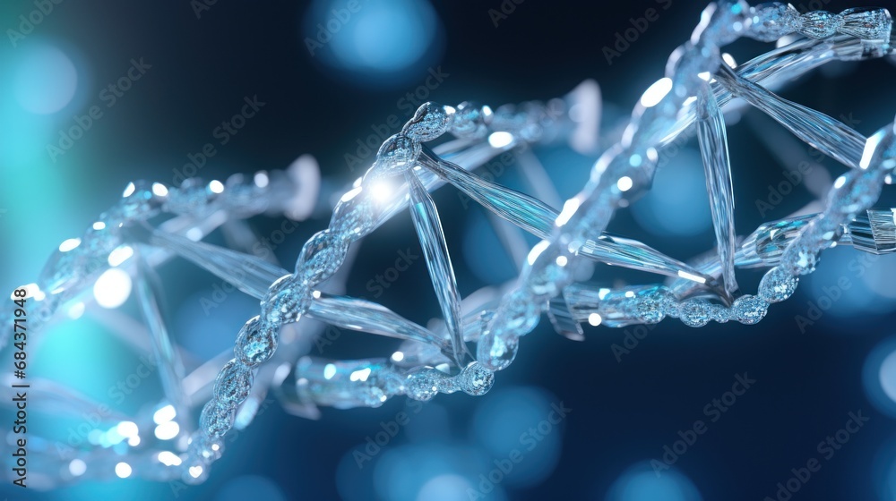 Molecular structure. Blue Water Molecules. DNA strand from clear water. Close up. Abstract background. Science or medical backdrop. Concept of science, chemistry, medicine, technology. Copy Space Molecular structure. Blue Water Molecules. DNA strand from clear water. Close up. Abstract background. Science or medical backdrop. Concept of science, chemistry, medicine, technology. Copy Space